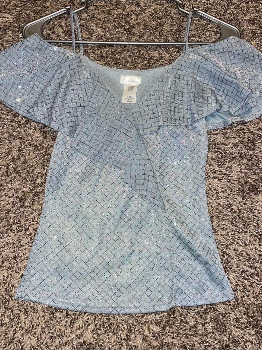 Sparkle Off-Shoulder Ruffle Blouse in Light Blue